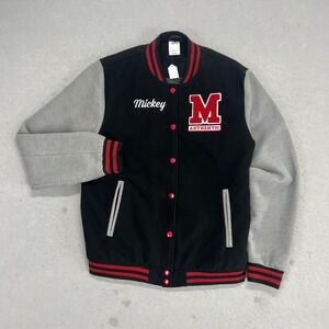 Disney Mickey Mouse Varsity Jacket Mens M Black Grey Excellent Bomber Letterman